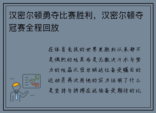 汉密尔顿勇夺比赛胜利，汉密尔顿夺冠赛全程回放