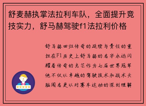 舒麦赫执掌法拉利车队，全面提升竞技实力，舒马赫驾驶f1法拉利价格