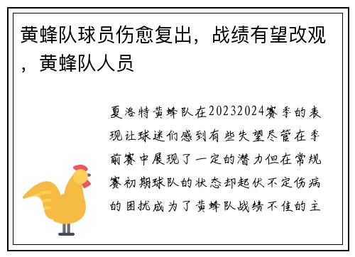 黄蜂队球员伤愈复出，战绩有望改观，黄蜂队人员