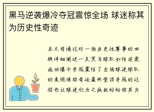 黑马逆袭爆冷夺冠震惊全场 球迷称其为历史性奇迹