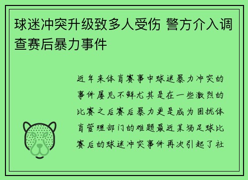 球迷冲突升级致多人受伤 警方介入调查赛后暴力事件