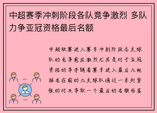 中超赛季冲刺阶段各队竞争激烈 多队力争亚冠资格最后名额
