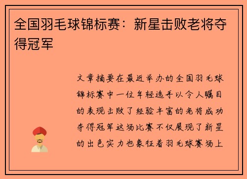 全国羽毛球锦标赛：新星击败老将夺得冠军