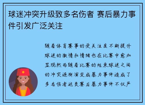 球迷冲突升级致多名伤者 赛后暴力事件引发广泛关注